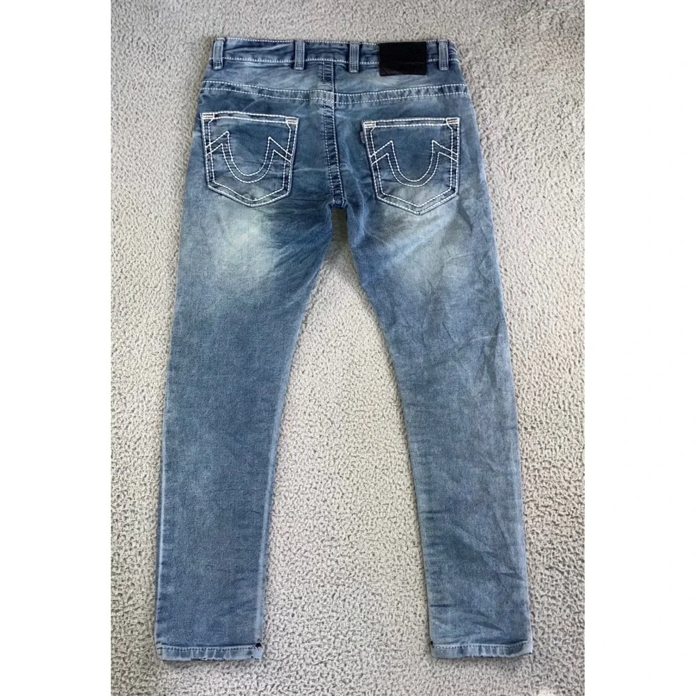 True Religion Jeans Men 32X28 Low Rise Skinny‎ Blue Thick Stitch Logo Distressed